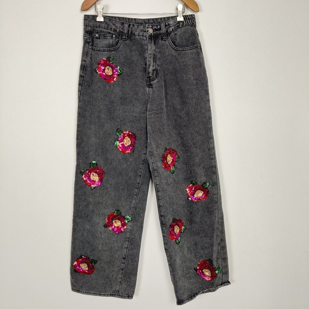 Dazy Women's Wide Leg Pants Size L Gray Cotton Blend Sequins Flowers Casual Chic